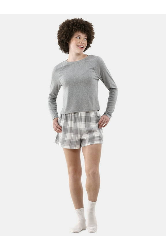 Long Sleeve Tee and Flannel Shorts Pajama Set, 2-Piece, Women’s and Women’s Plus