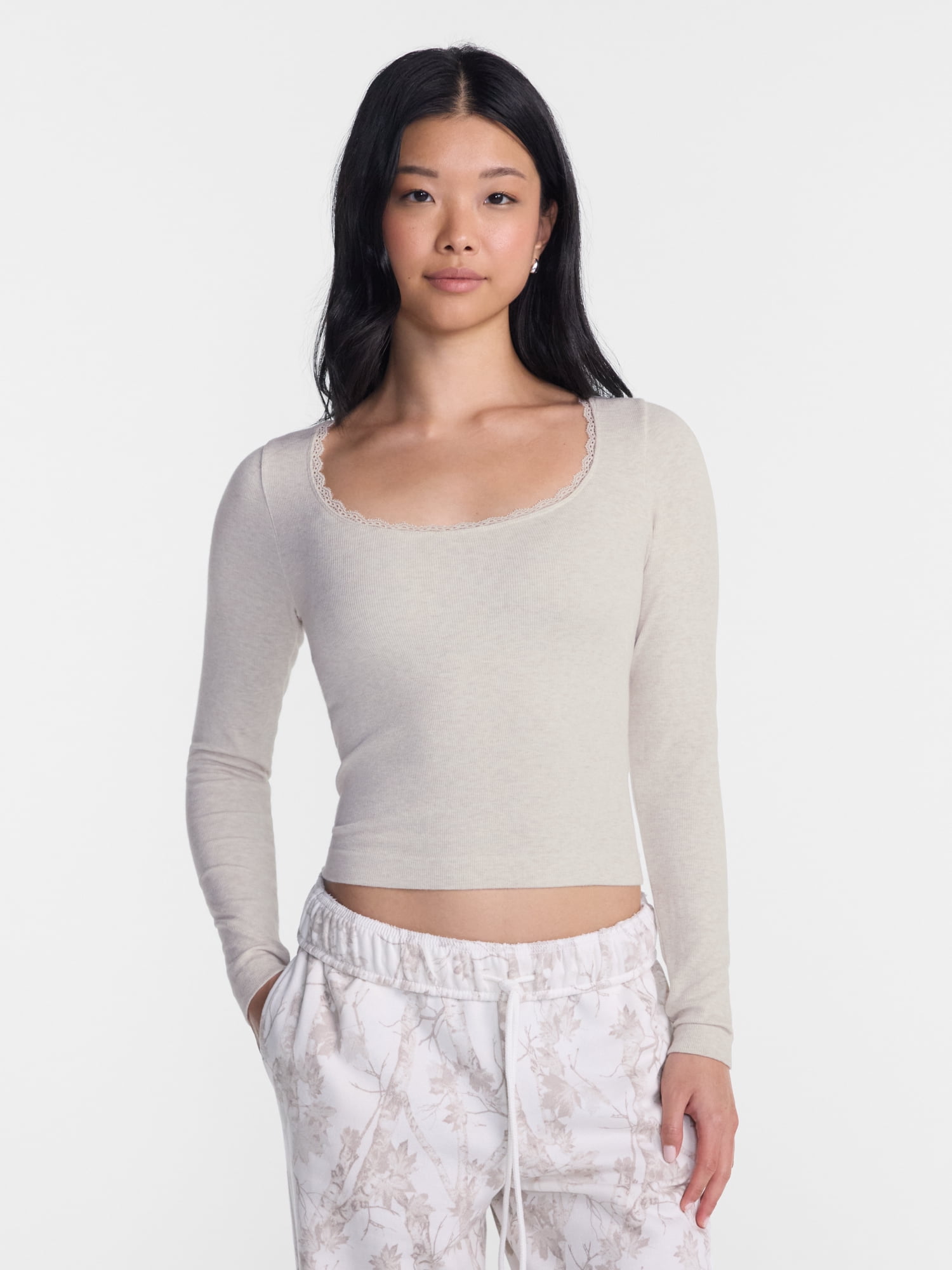 No Boundaries Long Sleeve Seamless Tee with Lace Trim, Women's XXS-XXL