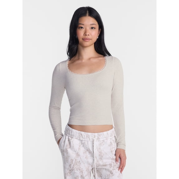 No Boundaries Long Sleeve Seamless Tee with Lace Trim, Women's XXS-XXL