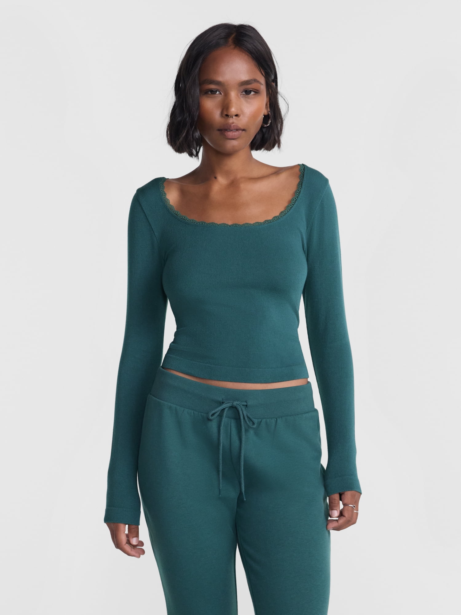 No Boundaries Long Sleeve Seamless Tee with Lace Trim, Women's XXS-XXL