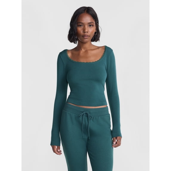 No Boundaries Long Sleeve Seamless Tee with Lace Trim, Women's XXS-XXL