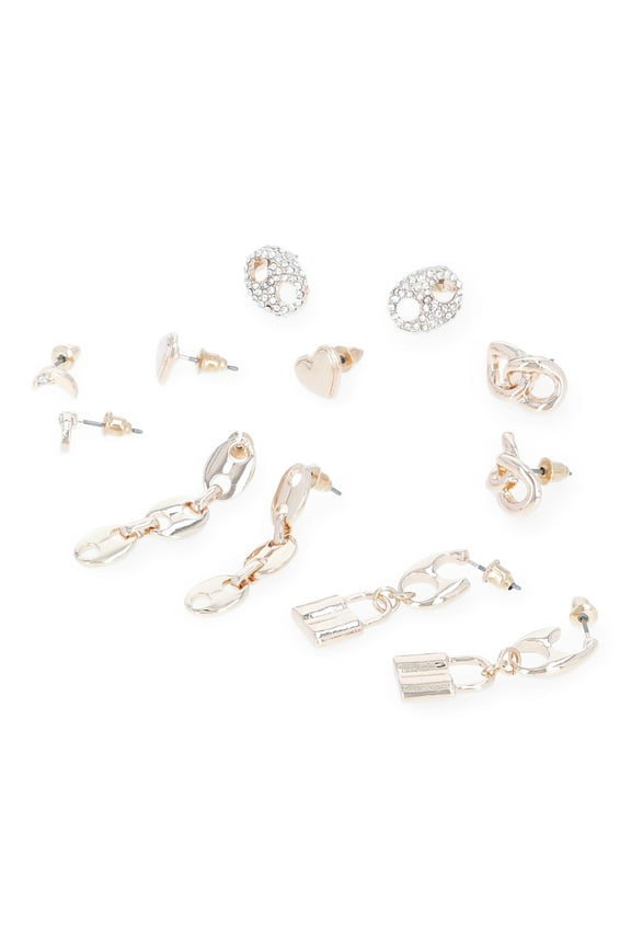 Gold and Silver-Plated Mariner and Heart Earrings Set, 6-Pack, Women’s