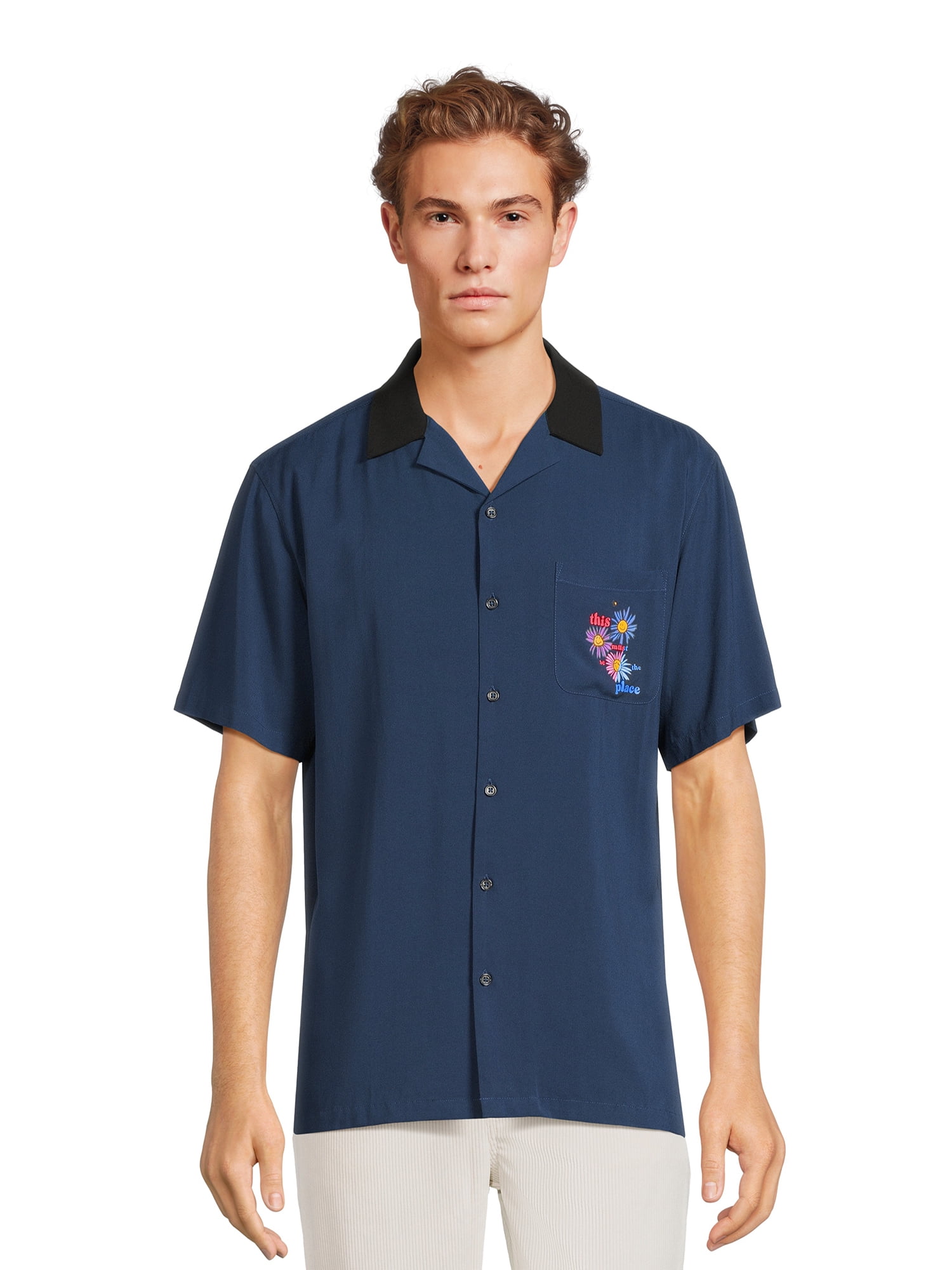 No Boundaries Men's & Big Men's Bowling Shirt with Short Sleeves, Sizes