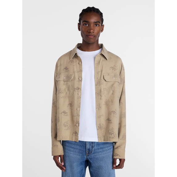 No Boundaries Cotton Boxy Cropped Fit Howdy Western Print Flannel Shirt with Long Sleeves, Men's XS-4XLT