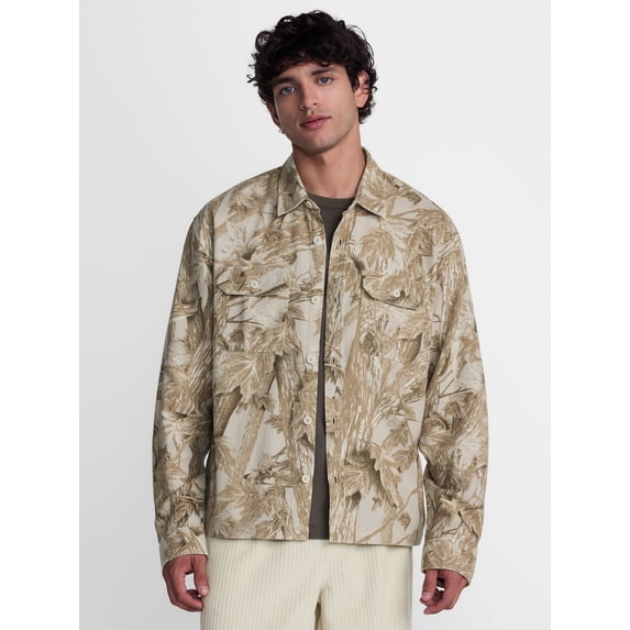 No Boundaries Cotton Boxy Cropped Fit Camo Tree Print Flannel Shirt with Long Sleeves, Men's XS-4XLT