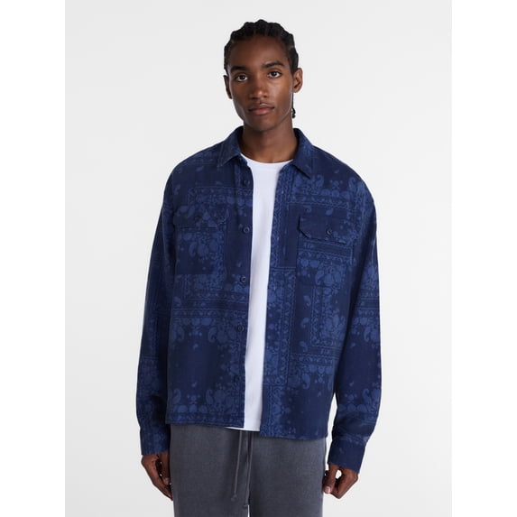 No Boundaries Cotton Boxy Cropped Fit Bandana Print Flannel Shirt with Long Sleeves, Men's XS-4XLT