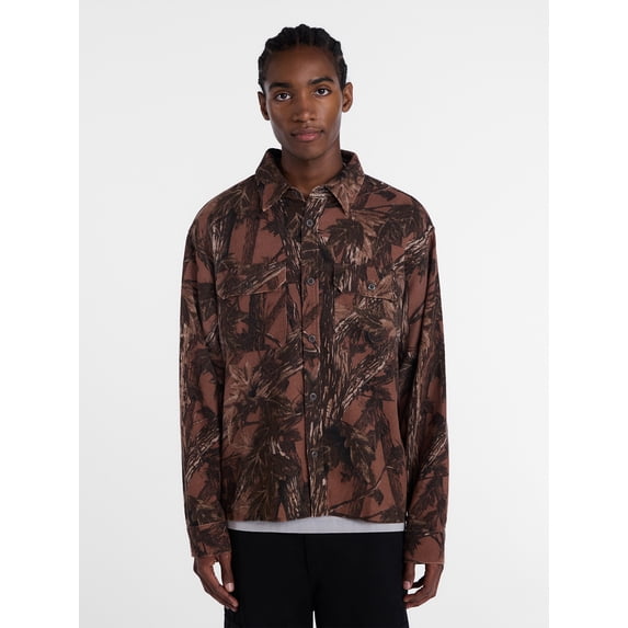 No Boundaries Cotton Boxy Cropped Fit Camo Tree Print Flannel Shirt with Long Sleeves, Men's XS-4XLT