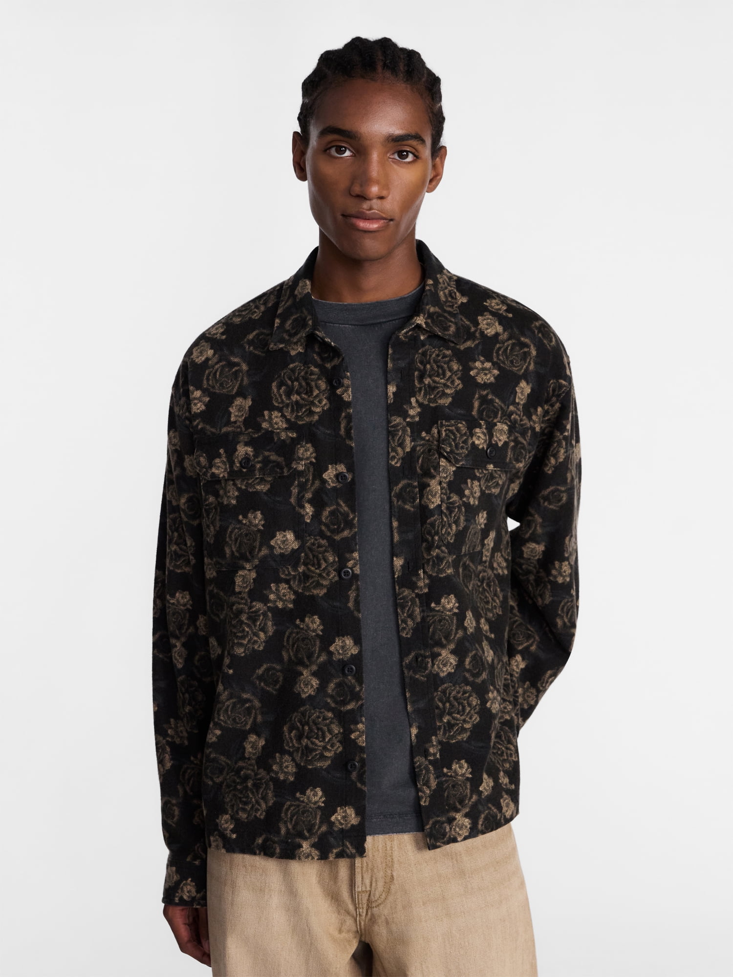 No Boundaries Cotton Boxy Cropped Fit Printed Flannel Shirt with Long Sleeves, Men's XS-5XB