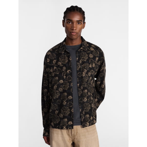 No Boundaries Cotton Boxy Cropped Fit Printed Flannel Shirt with Long Sleeves, Men's XS-5XB