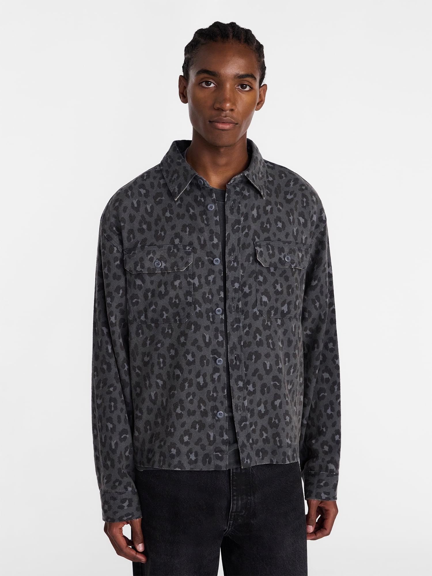 No Boundaries Cotton Boxy Cropped Fit Printed Flannel Shirt with Long Sleeves, Men's XS-5XB