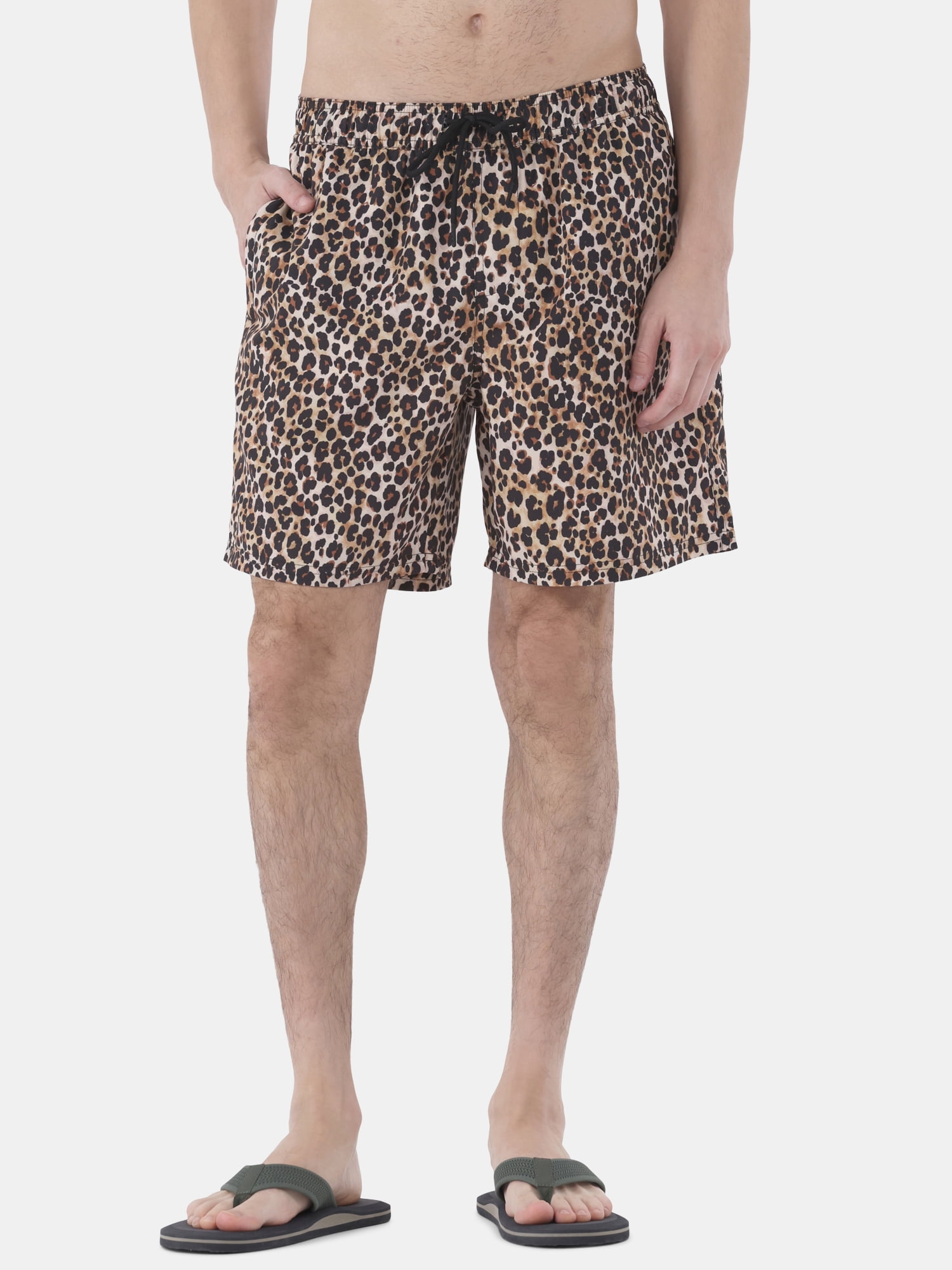 No Boundaries Men's & Big Men's Elastic Waist Cheetah Swim Trunks, 7" Inseam, Sizes S-3XL