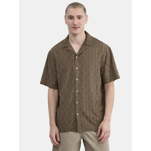 No Boundaries Men's & Big Men's Eyelet Short Sleeve Button Up Shirt, Sizes XS-3XL
