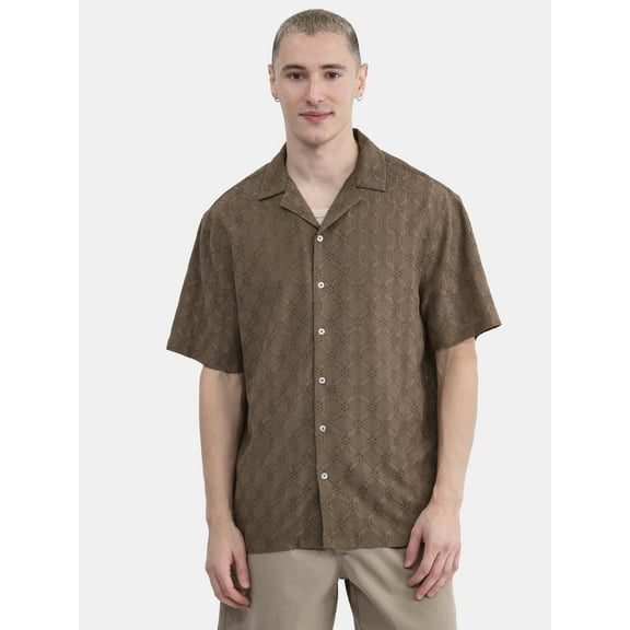 No Boundaries Men's & Big Men's Eyelet Short Sleeve Button Up Shirt, Sizes XS-3XL