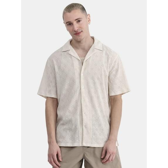 No Boundaries Men's & Big Men's Eyelet Short Sleeve Button Up Shirt, Sizes XS-3XL