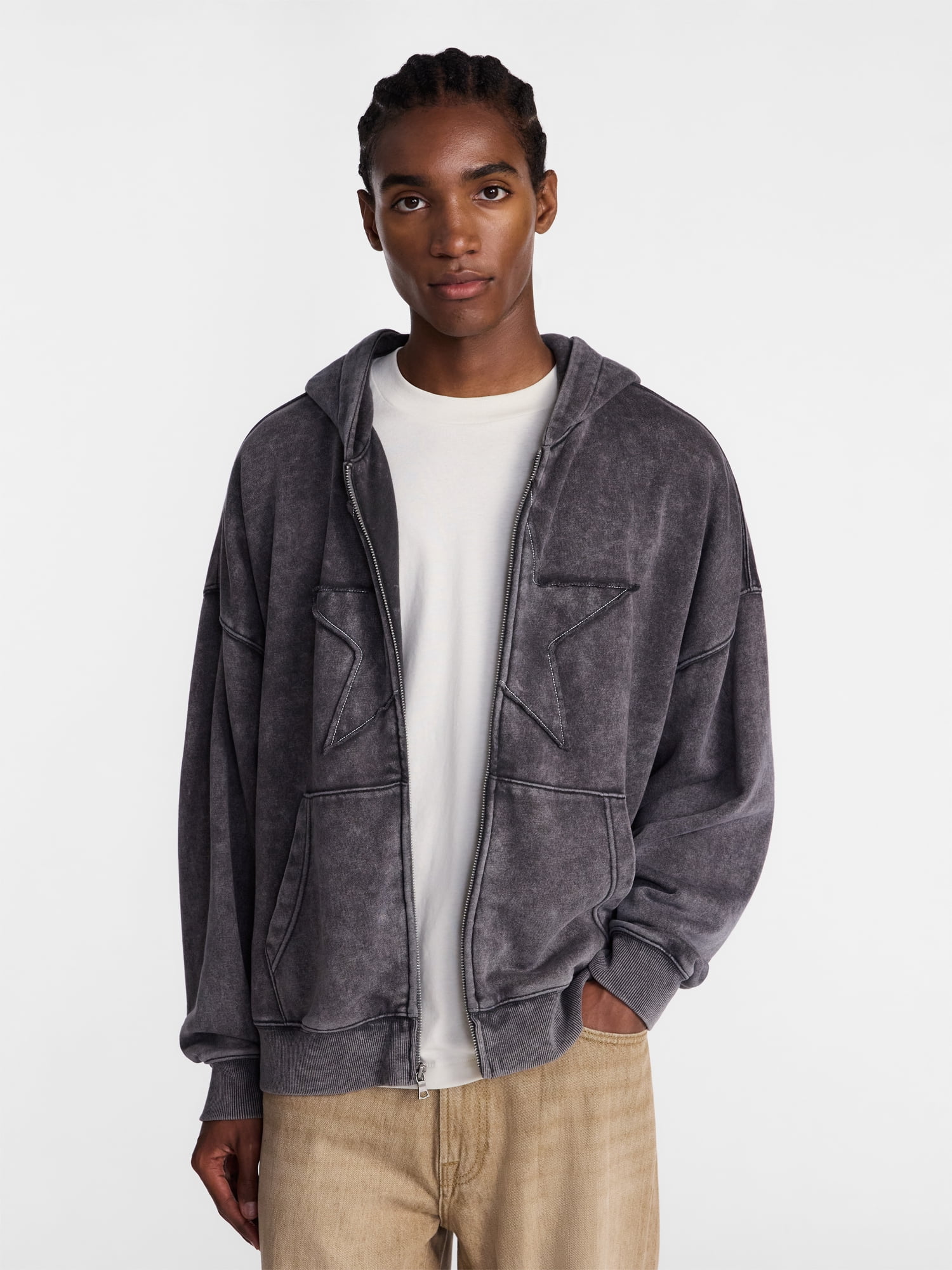 No Boundaries Zip Up Oversized Hoodie with Applique Detail, Men's and Big Men's XS-3XL