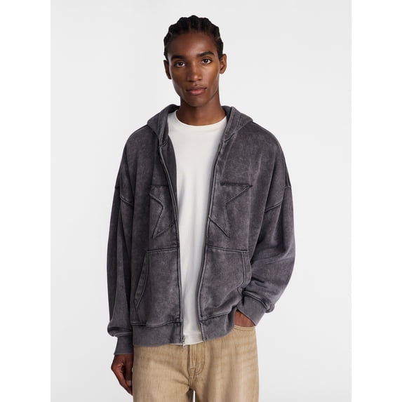 No Boundaries Zip Up Oversized Hoodie with Applique Detail, Men's and Big Men's XS-3XL