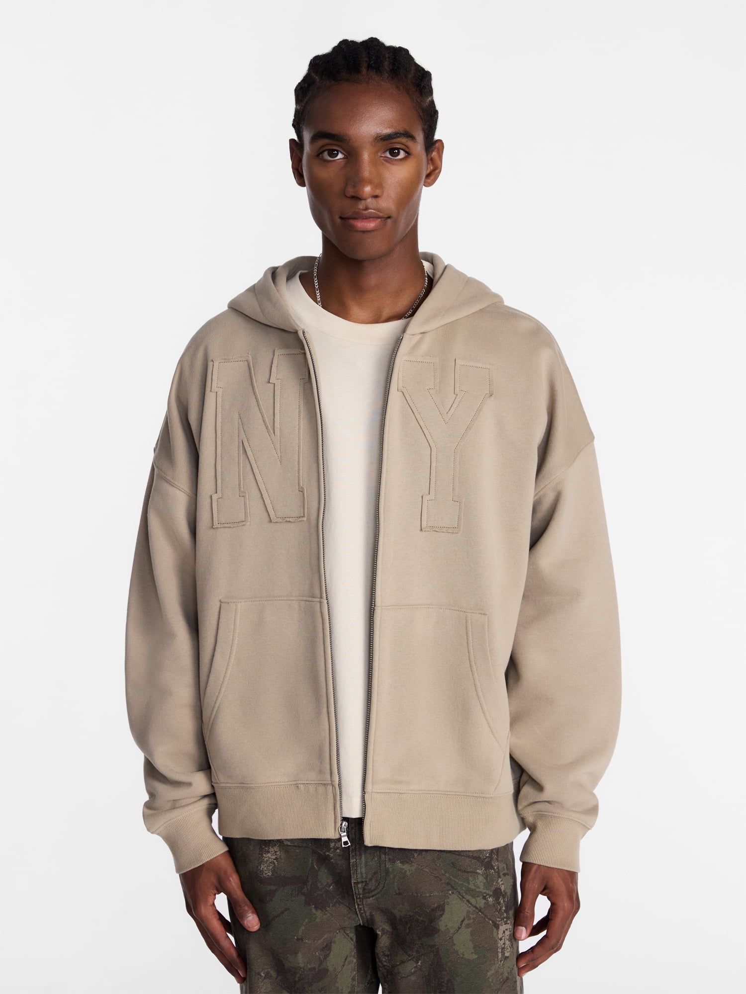 No Boundaries Zip Up Oversized Hoodie with Applique Detail, Men's and Big Men's XS-3XL