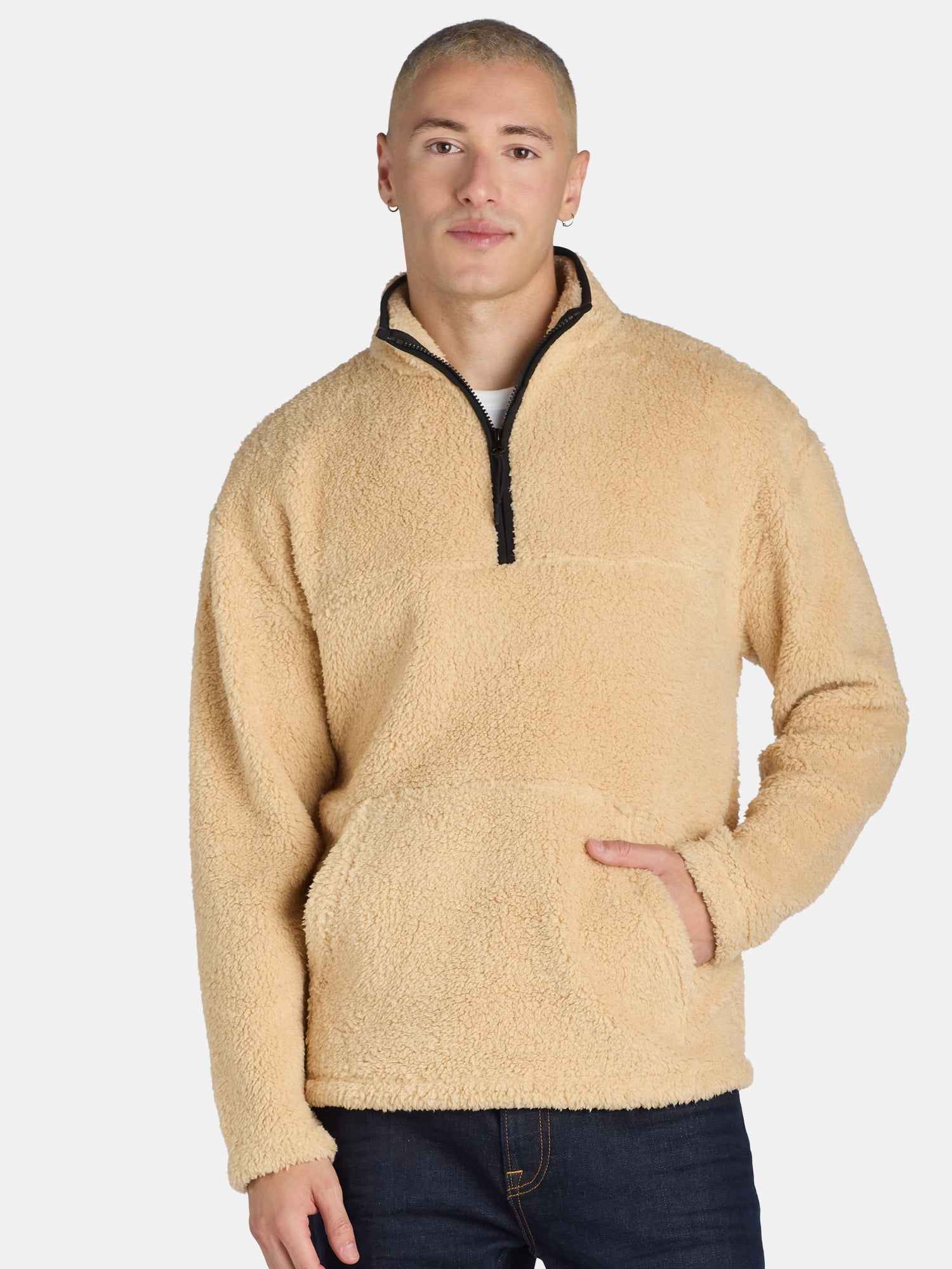 No Boundaries Men's & Big Men's Faux Shearling High Pile Fleece Quarter Zip Pullover, Sizes XS-5XL