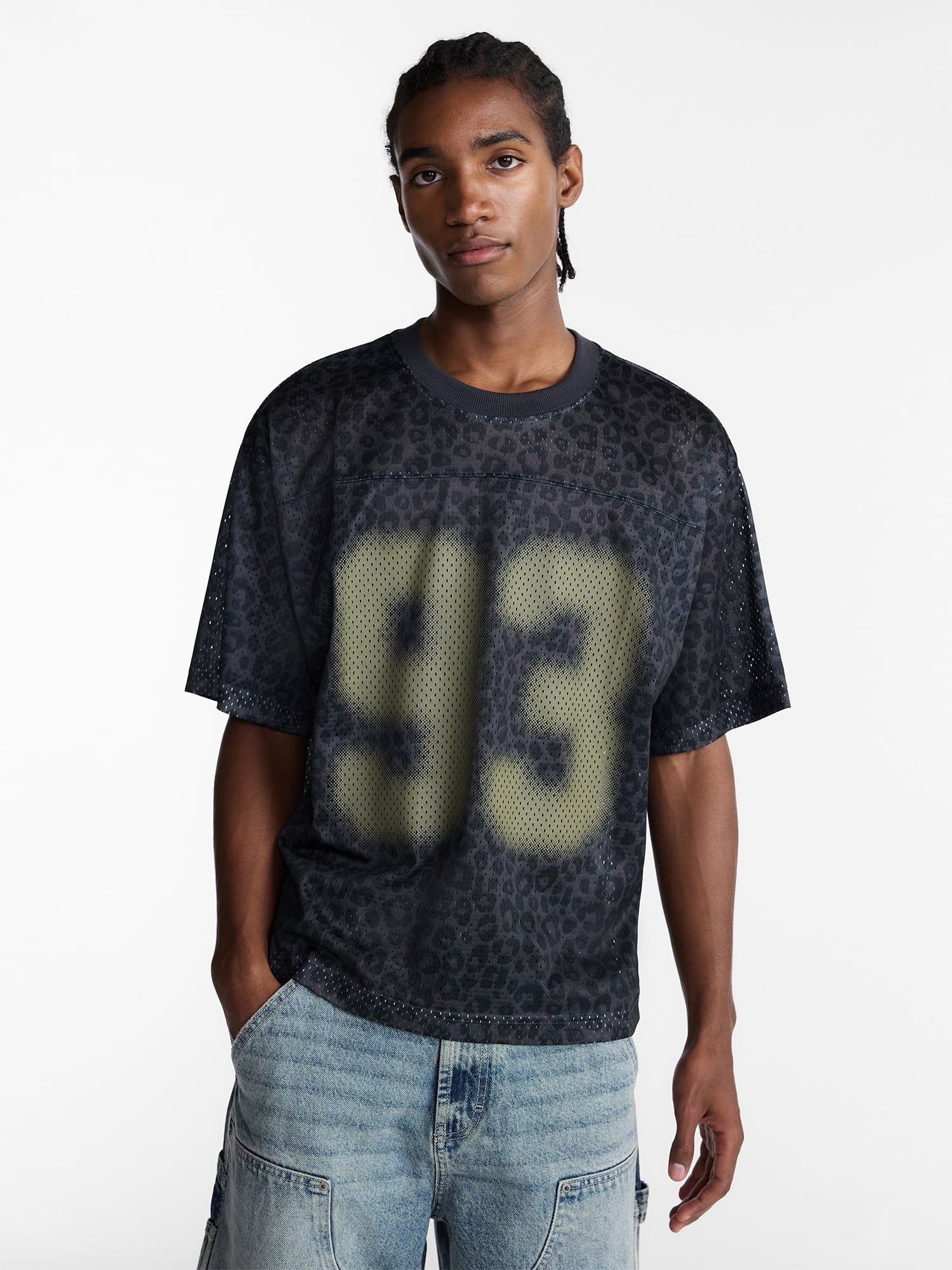No Boundaries Graphic Boxy Fit Mesh Jersey Style Shirt, Men's XS