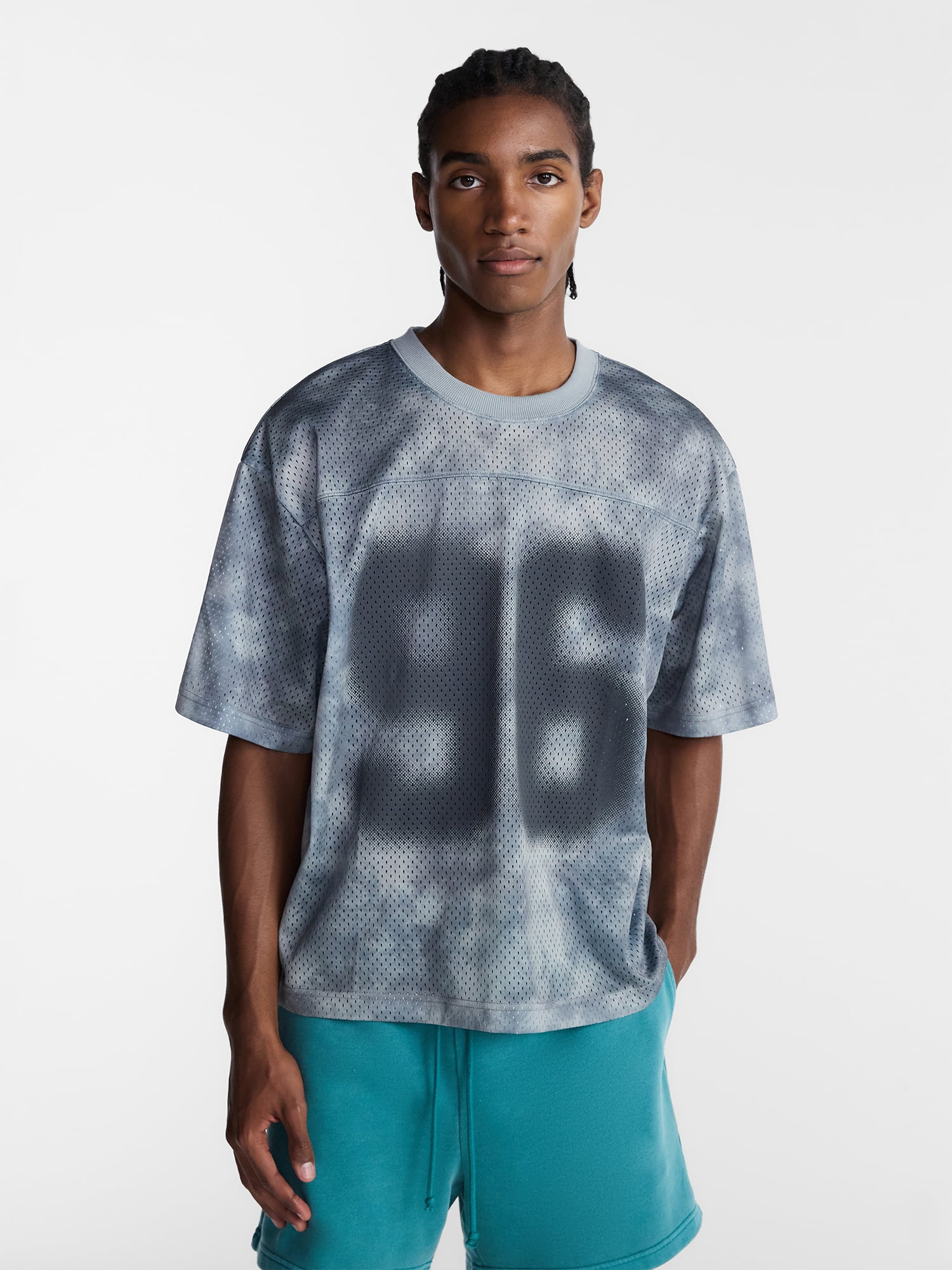 No Boundaries Graphic Boxy Fit Mesh Jersey Style Shirt, Men's XS