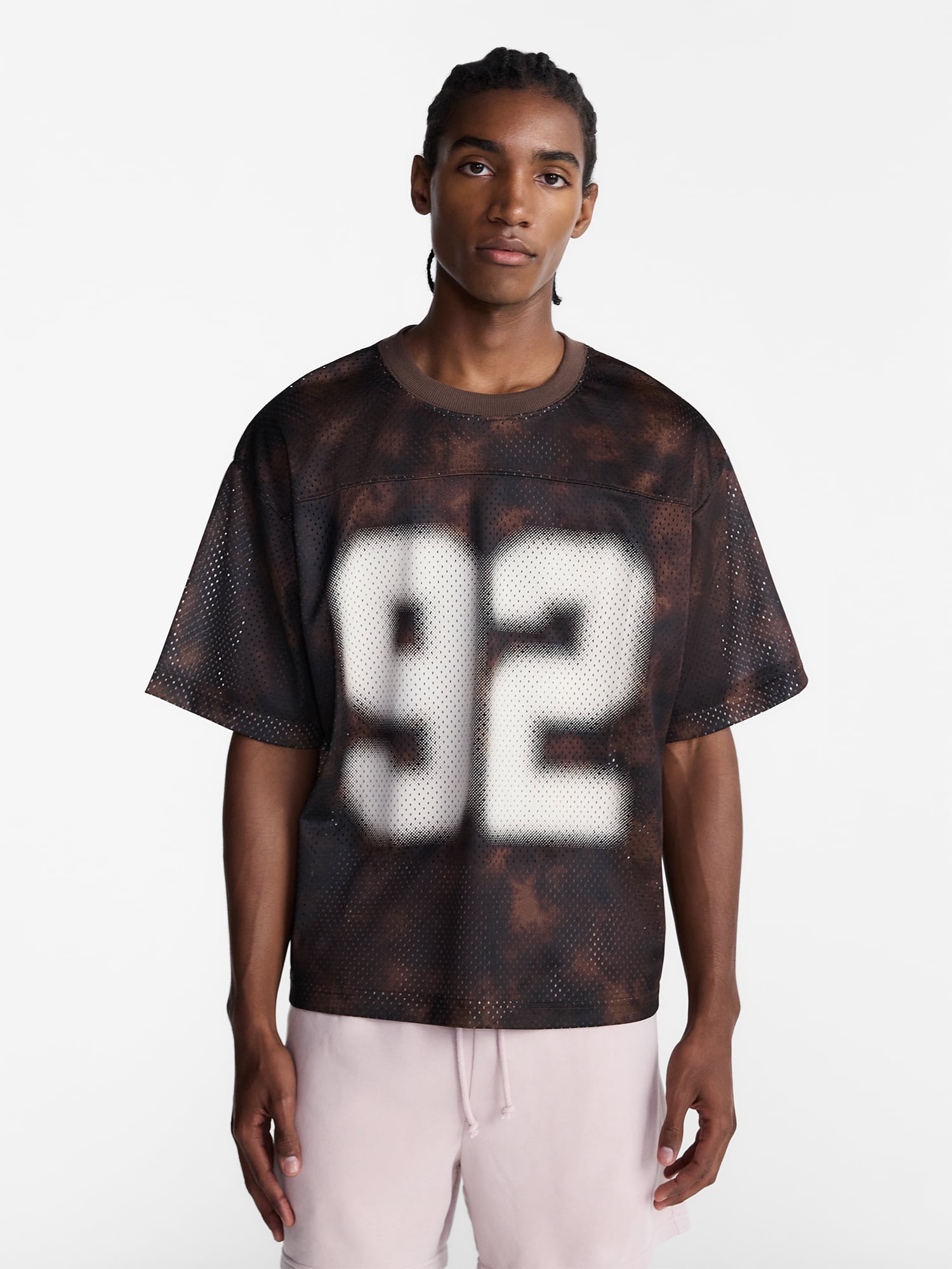 No Boundaries Graphic Boxy Fit Mesh Jersey Style Shirt, Men's XS