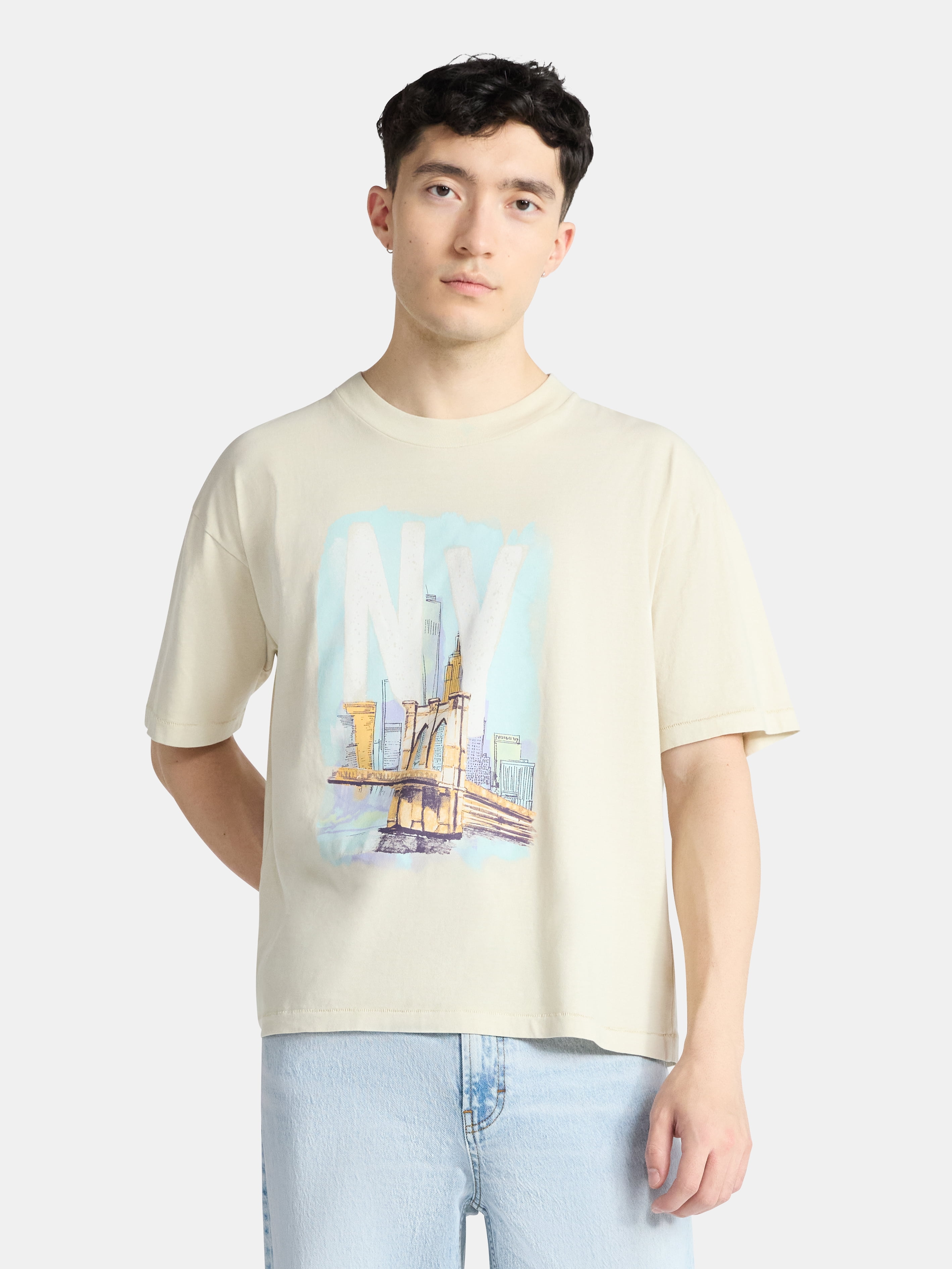 No Boundaries Oversized Boxy Fit Cropped Length New York City Graphic Tee Shirt, Men's & Big Men's, XS-5XL
