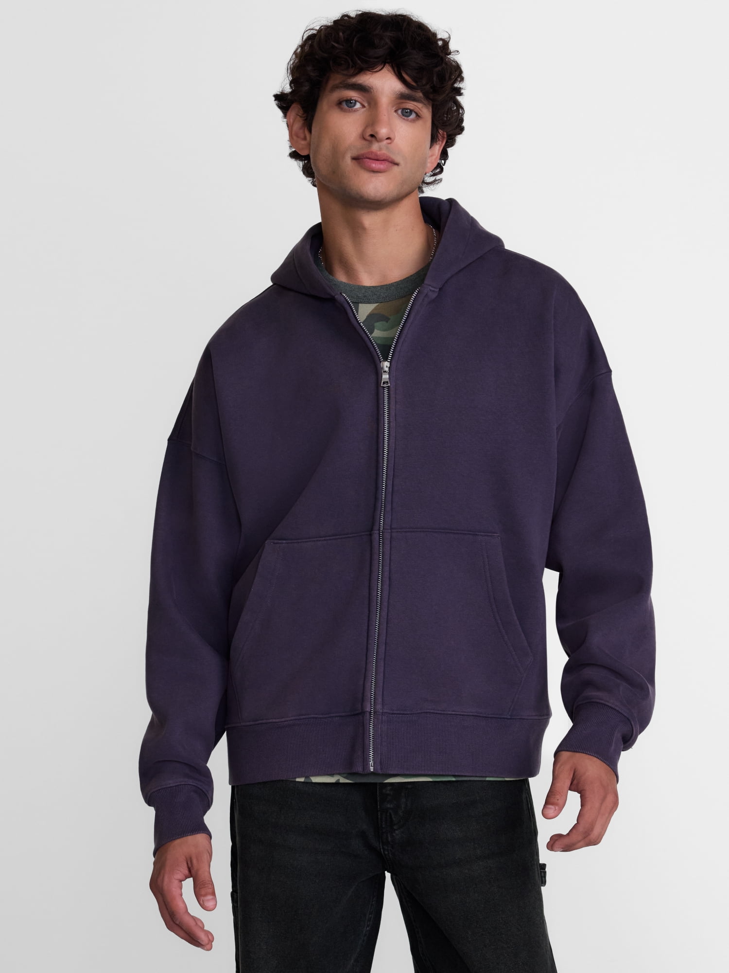 No Boundaries Boxy Fit Heavyweight Fleece Full Zip Hoodie Sweatshirt, Men's Sizes XS-3XL