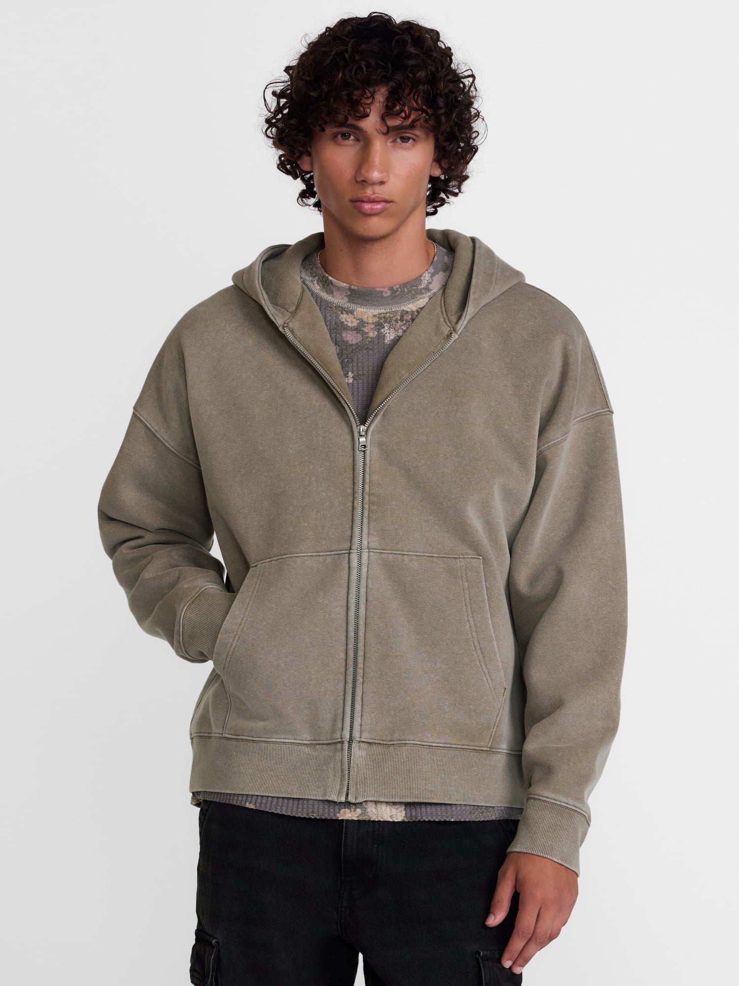 No Boundaries Boxy Fit Heavyweight Fleece Full Zip Hoodie Sweatshirt, Men's Sizes XS-3XL