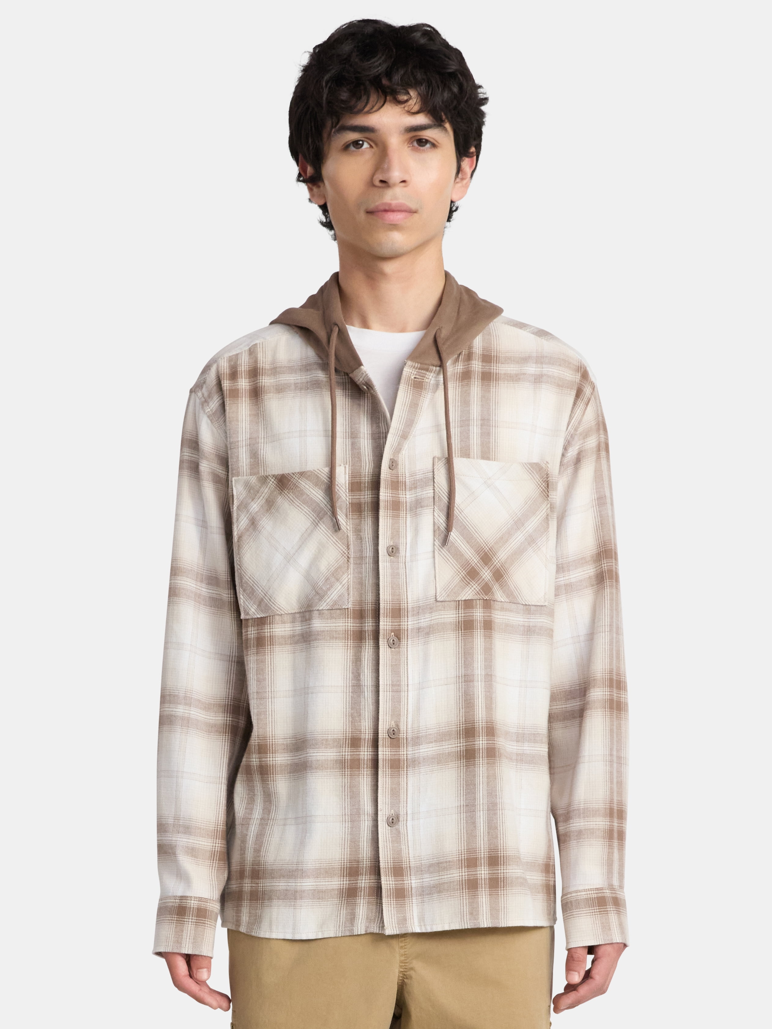 No Boundaries Men's & Big Men's Hooded Flannel Shirt with Long Sleeves, Sizes XS-5XL