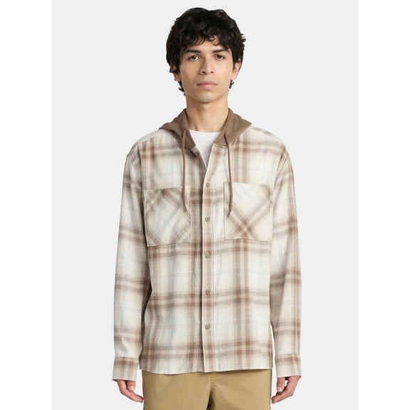 No Boundaries Men's & Big Men's Hooded Flannel Shirt with Long Sleeves, Sizes XS-5XL