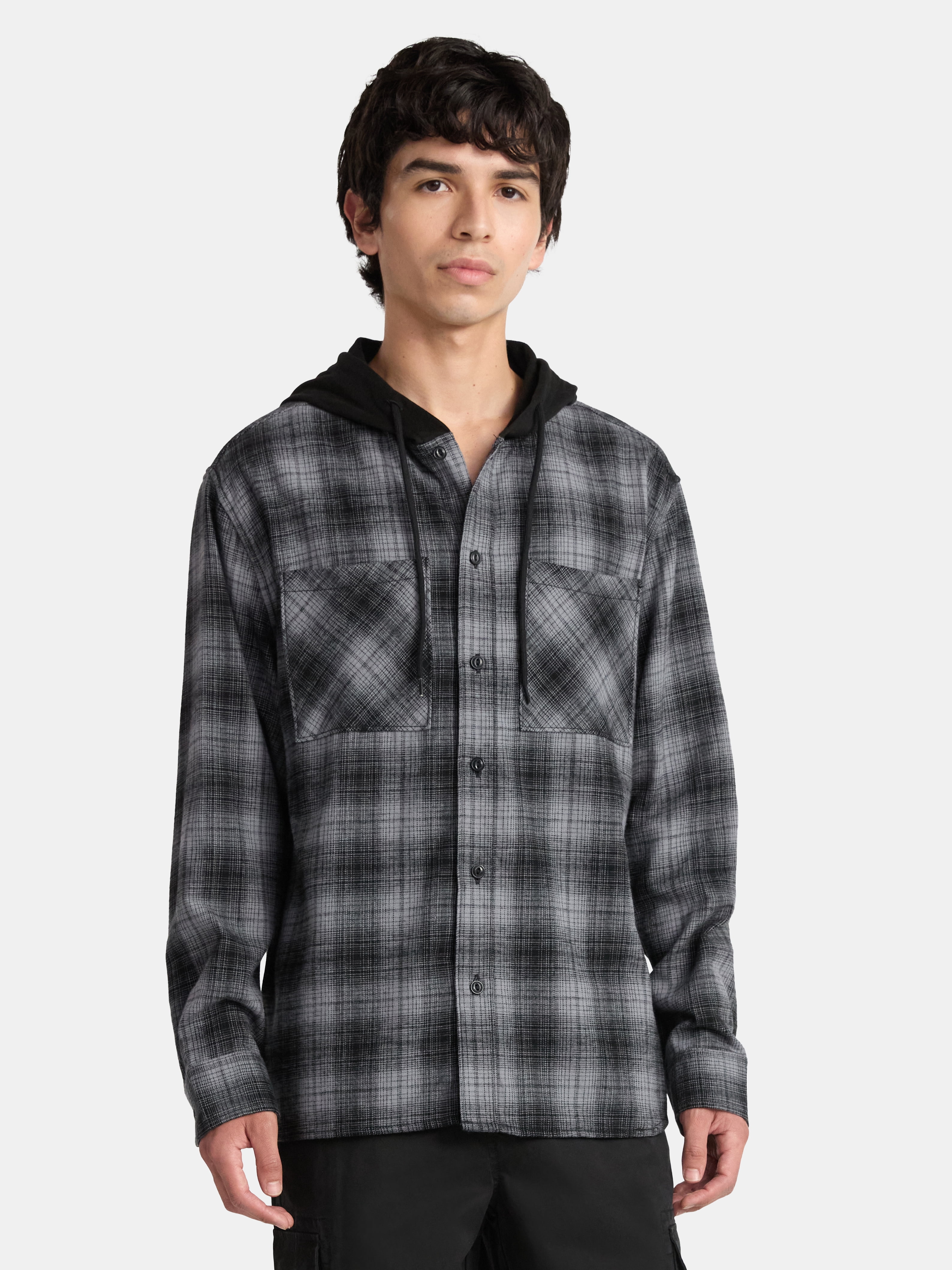 No Boundaries Men's & Big Men's Hooded Long Sleeve Flannel Shirt, Sizes XS-3XL