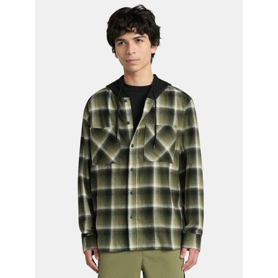 No Boundaries Men's & Big Men's Hooded Flannel Shirt with Long Sleeves, Sizes XS-5XL