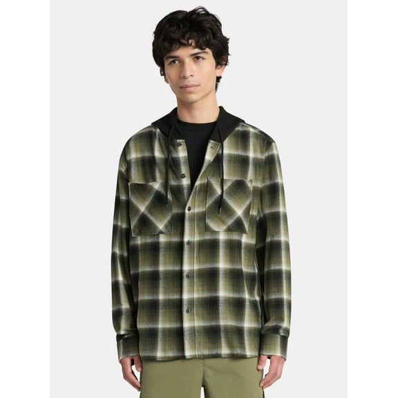 No Boundaries Men's & Big Men's Hooded Flannel Shirt with Long Sleeves, Sizes XS-5XL