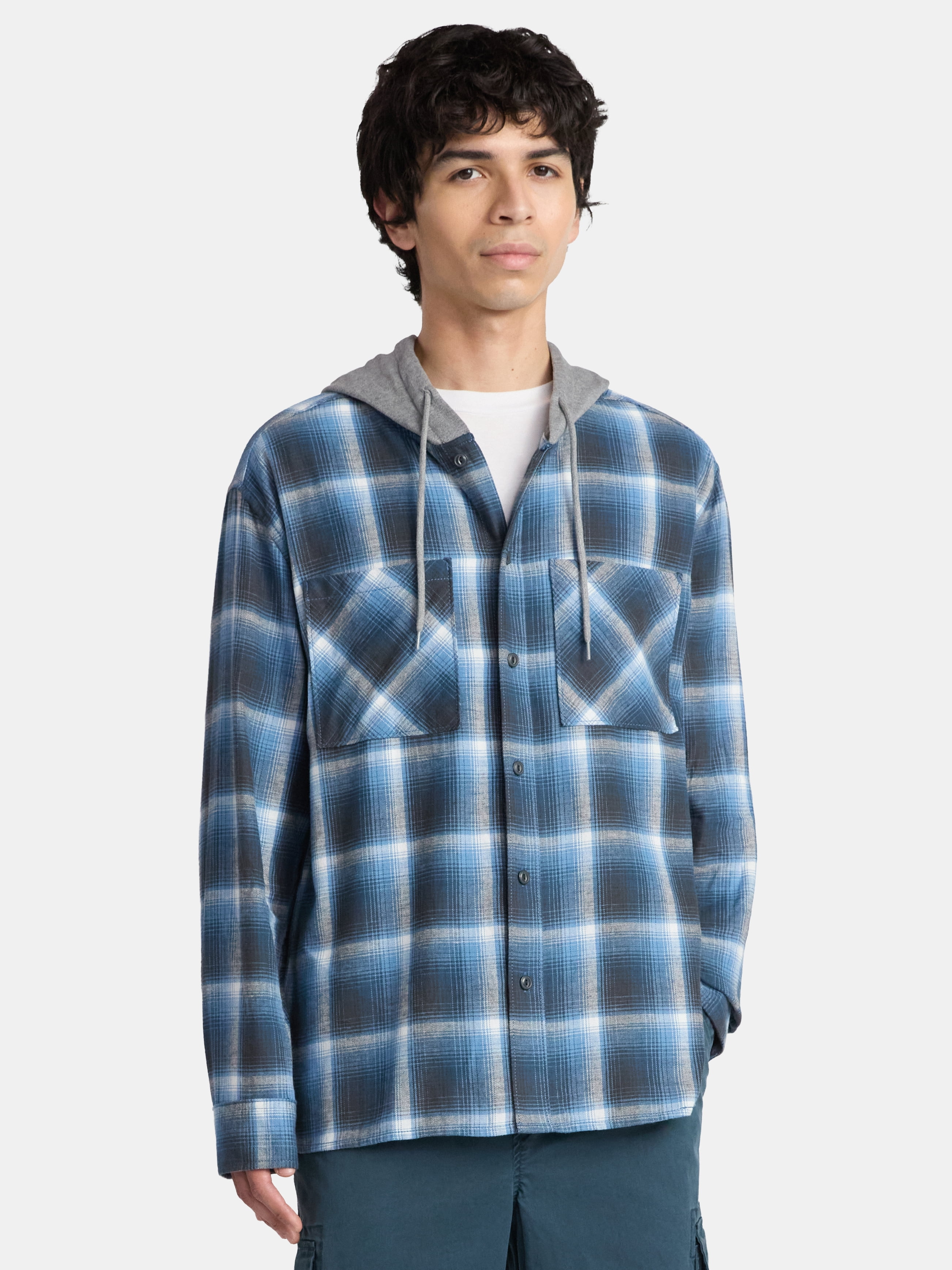 No Boundaries Men's & Big Men's Hooded Flannel Shirt with Long Sleeves, Sizes XS-5XL