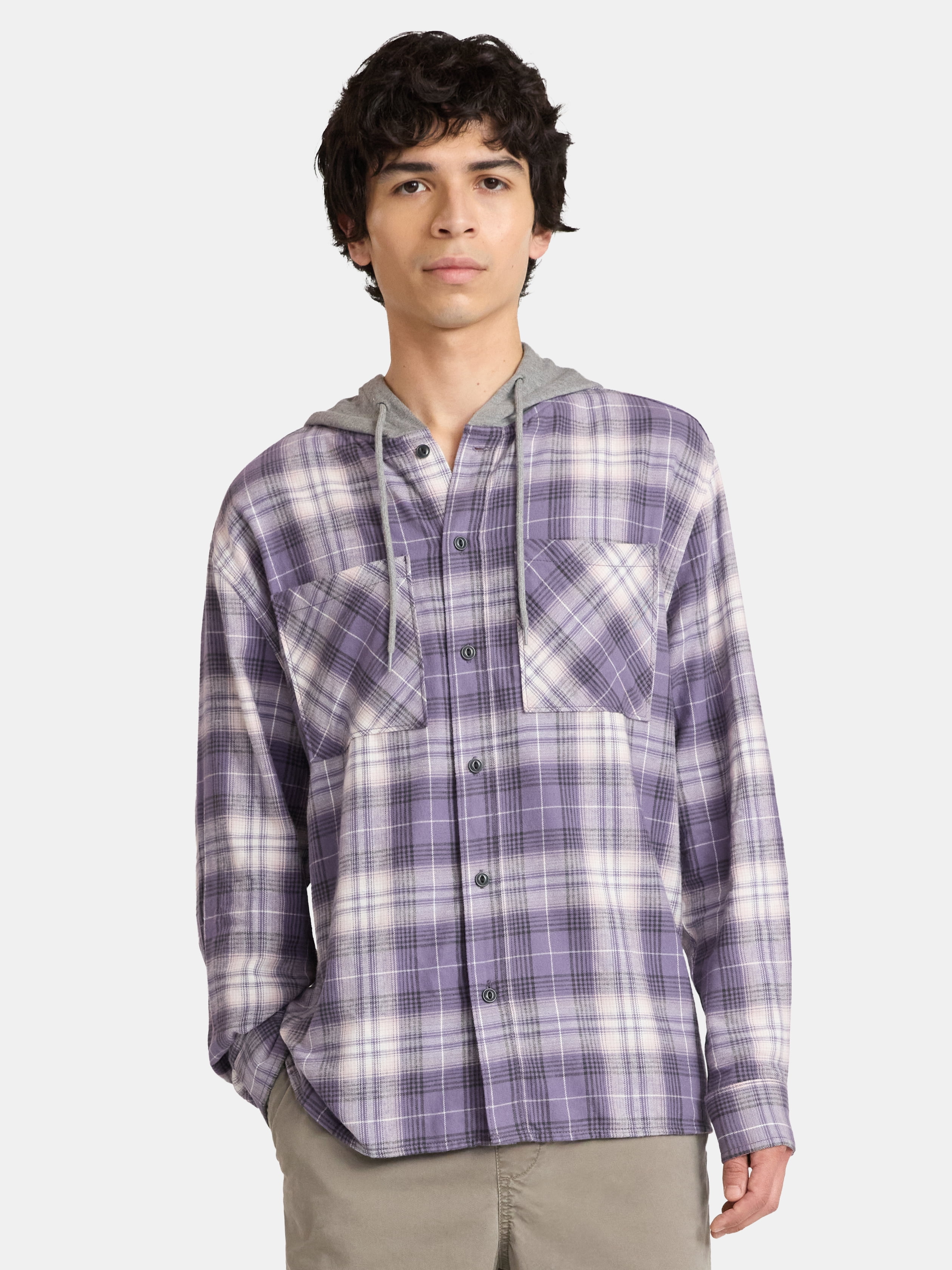 No Boundaries Men's & Big Men's Hooded Flannel Shirt with Long Sleeves, Sizes XS-5XL