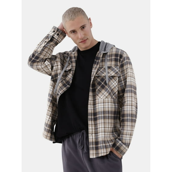 No Boundaries Men's & Big Men's Hooded Long Sleeve Flannel Shirt, Sizes XS-5XL
