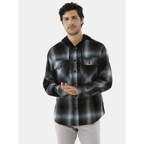 No Boundaries Men's & Big Men's Hooded Long Sleeve Flannel Shirt, Sizes XS-5XL