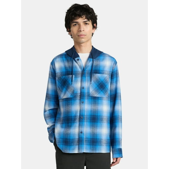 No Boundaries Men's & Big Men's Hooded Flannel Shirt with Long Sleeves, Sizes XS-5XL