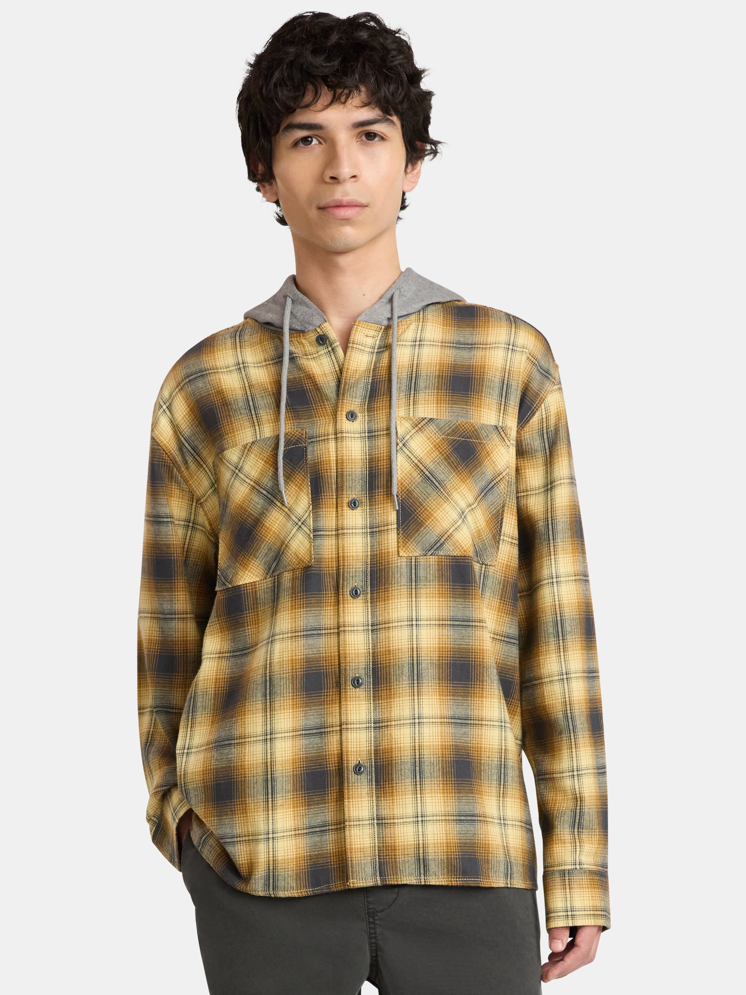 No Boundaries Men's & Big Men's Hooded Flannel Shirt with Long Sleeves, Sizes XS-5XL