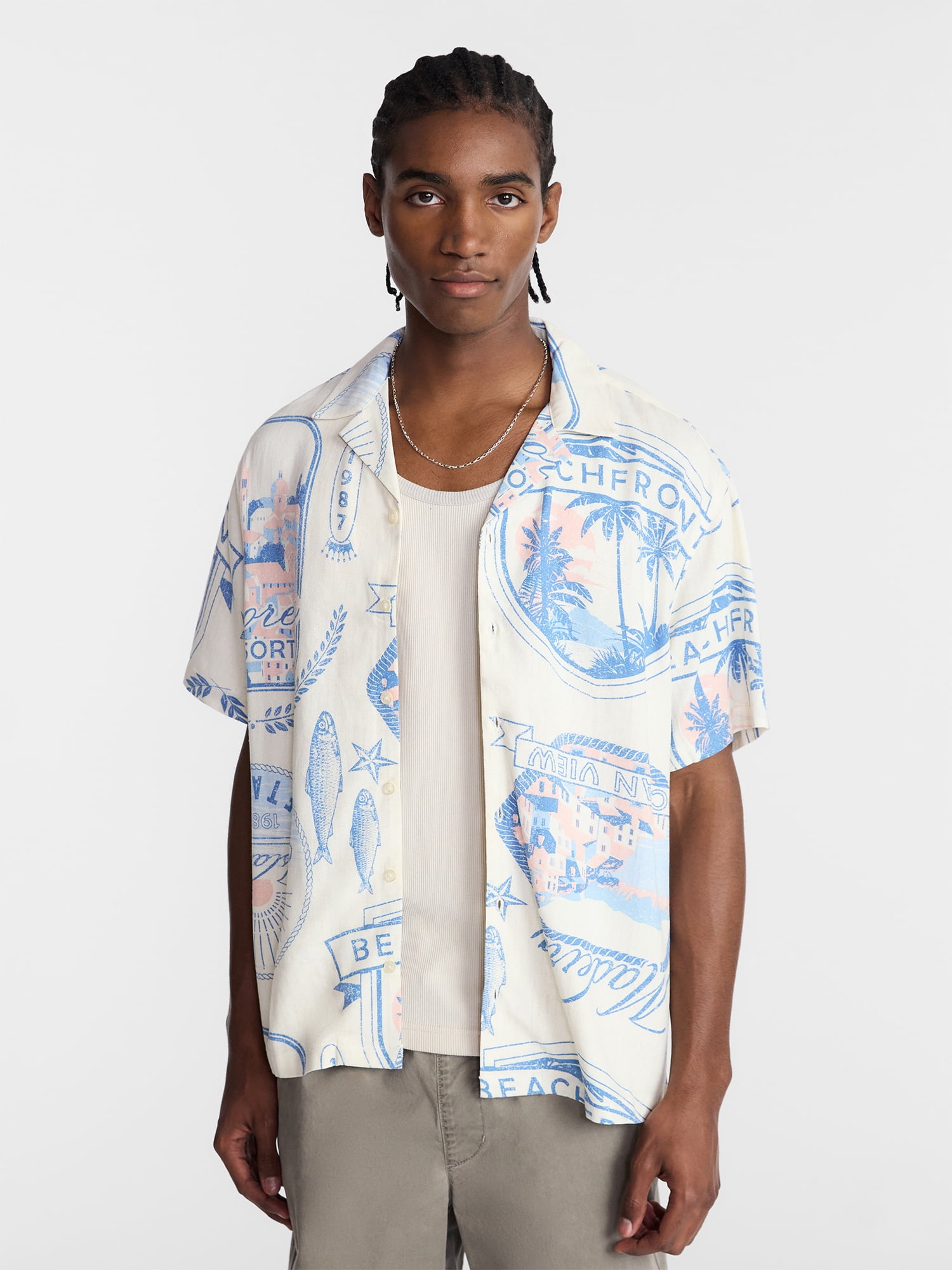 No Boundaries Boxy Fit Linen Blend Patterned Resort Shirt, Men's