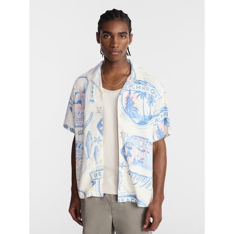 Boxy Fit Linen Blend Patterned Resort Shirt, Men's XS-4XLT