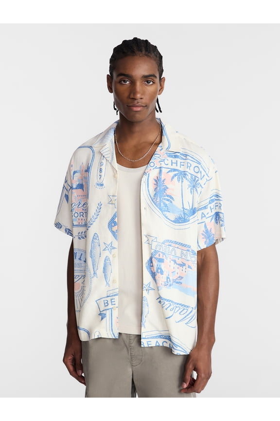 Boxy Fit Linen Blend Patterned Resort Shirt, Men's XS-4XLT