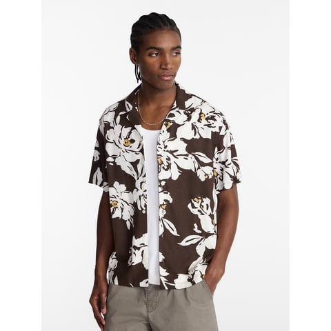 Boxy Fit Linen Blend Patterned Resort Shirt, Men's XS-4XLT