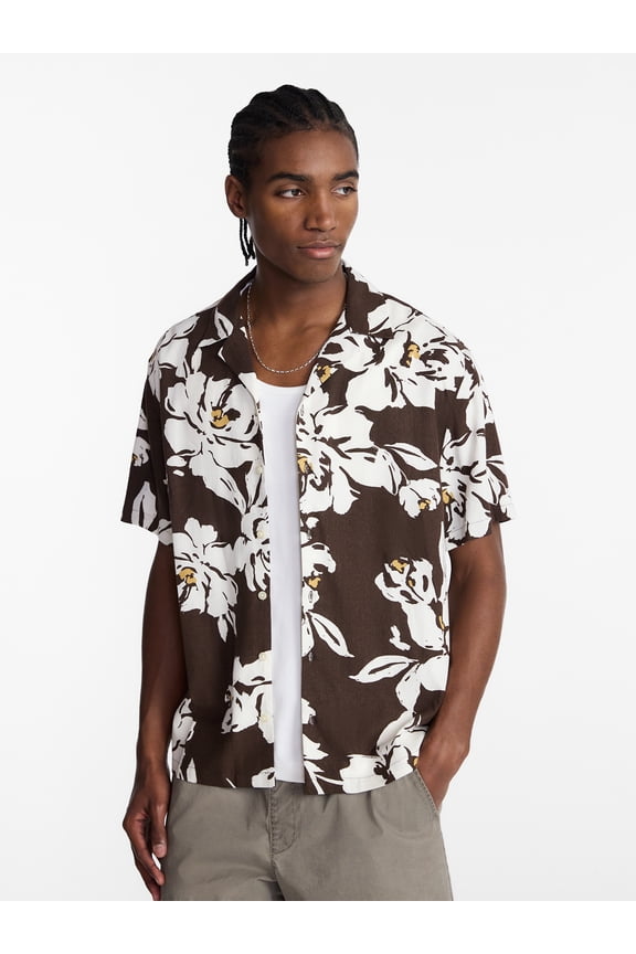 Boxy Fit Linen Blend Patterned Resort Shirt, Men's XS-4XLT