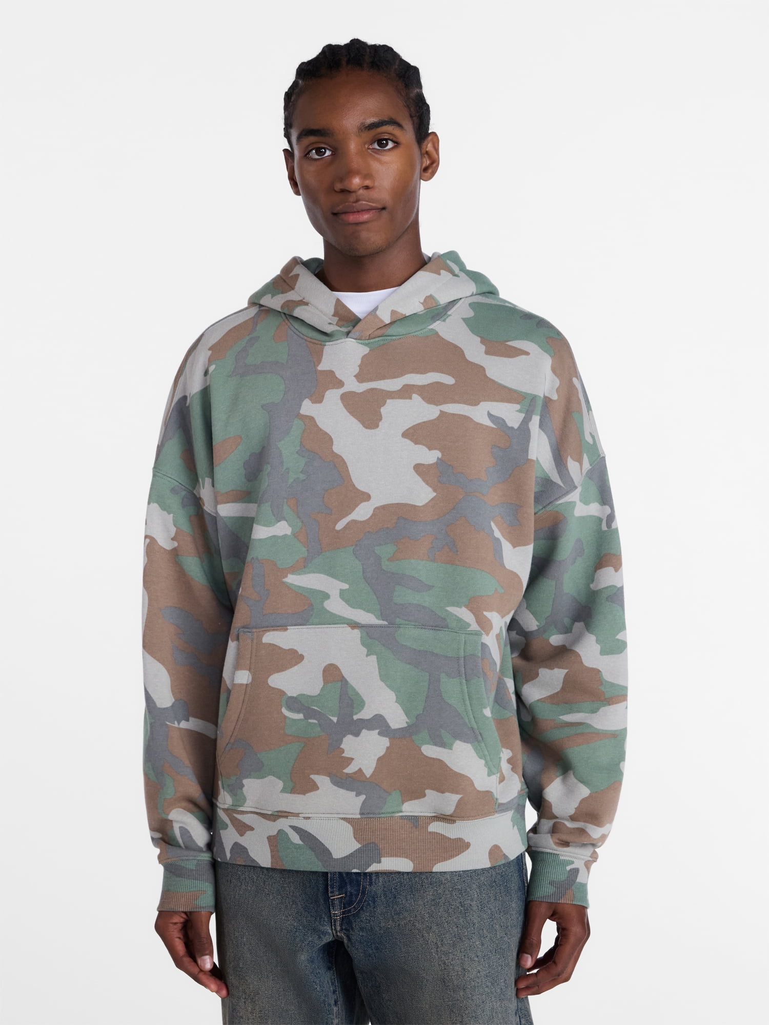 No Boundaries Boxy Fit Oversized Fleece Hoodie with Long Sleeves, Men's XS-4XLT