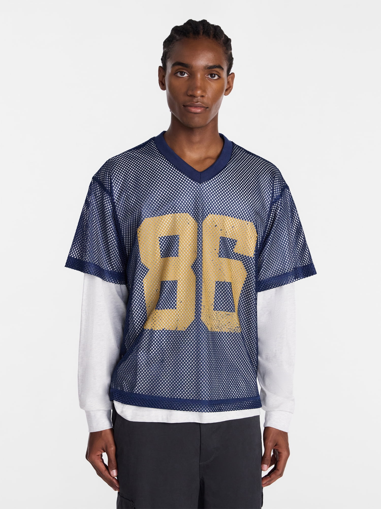 No Boundaries 90s Layered Look Mesh Jersey with Long Sleeves Tee Shirt, Men's XS-5XB