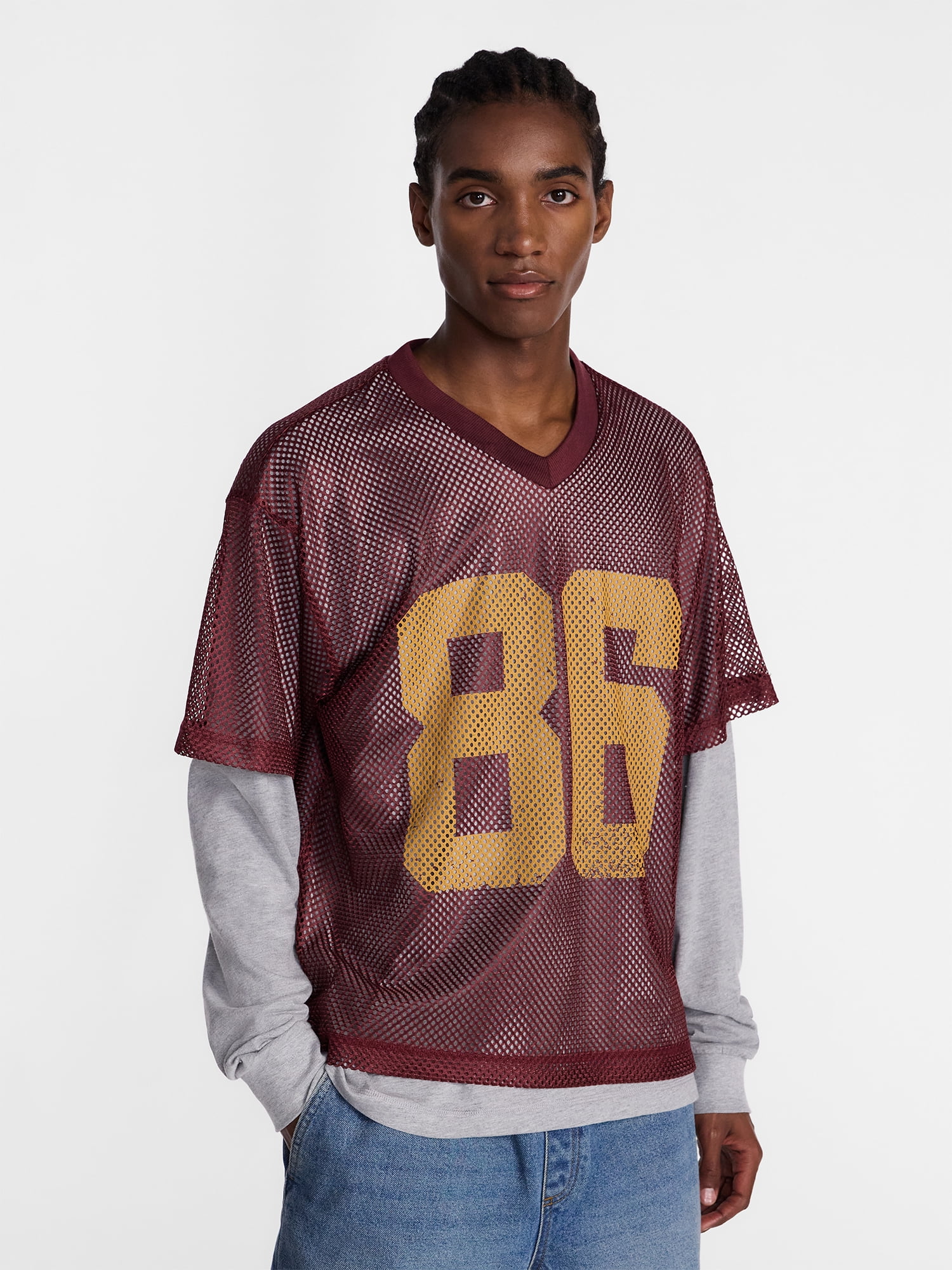 No Boundaries 90s Layered Look Mesh Jersey with Long Sleeves Tee Shirt, Men's XS-5XB