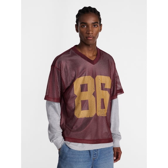No Boundaries 90s Layered Look Mesh Jersey with Long Sleeves Tee Shirt, Men's XS-5XB