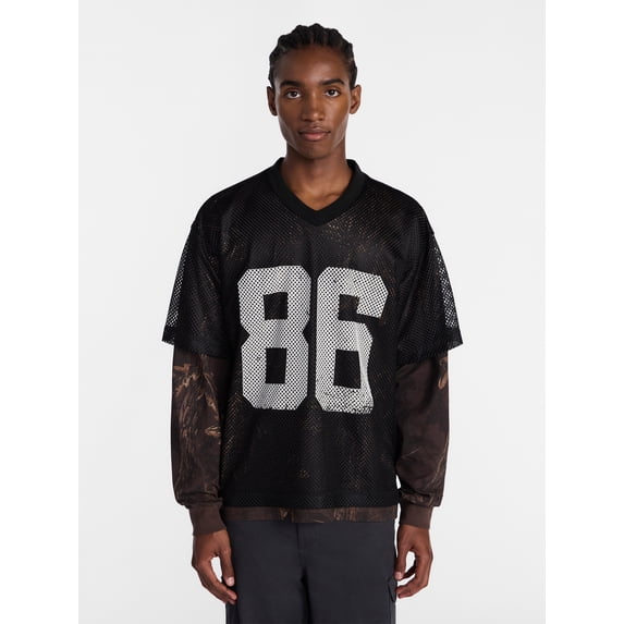 No Boundaries 90s Layered Look Mesh Jersey with Long Sleeves Tee Shirt, Men's XS-5XB