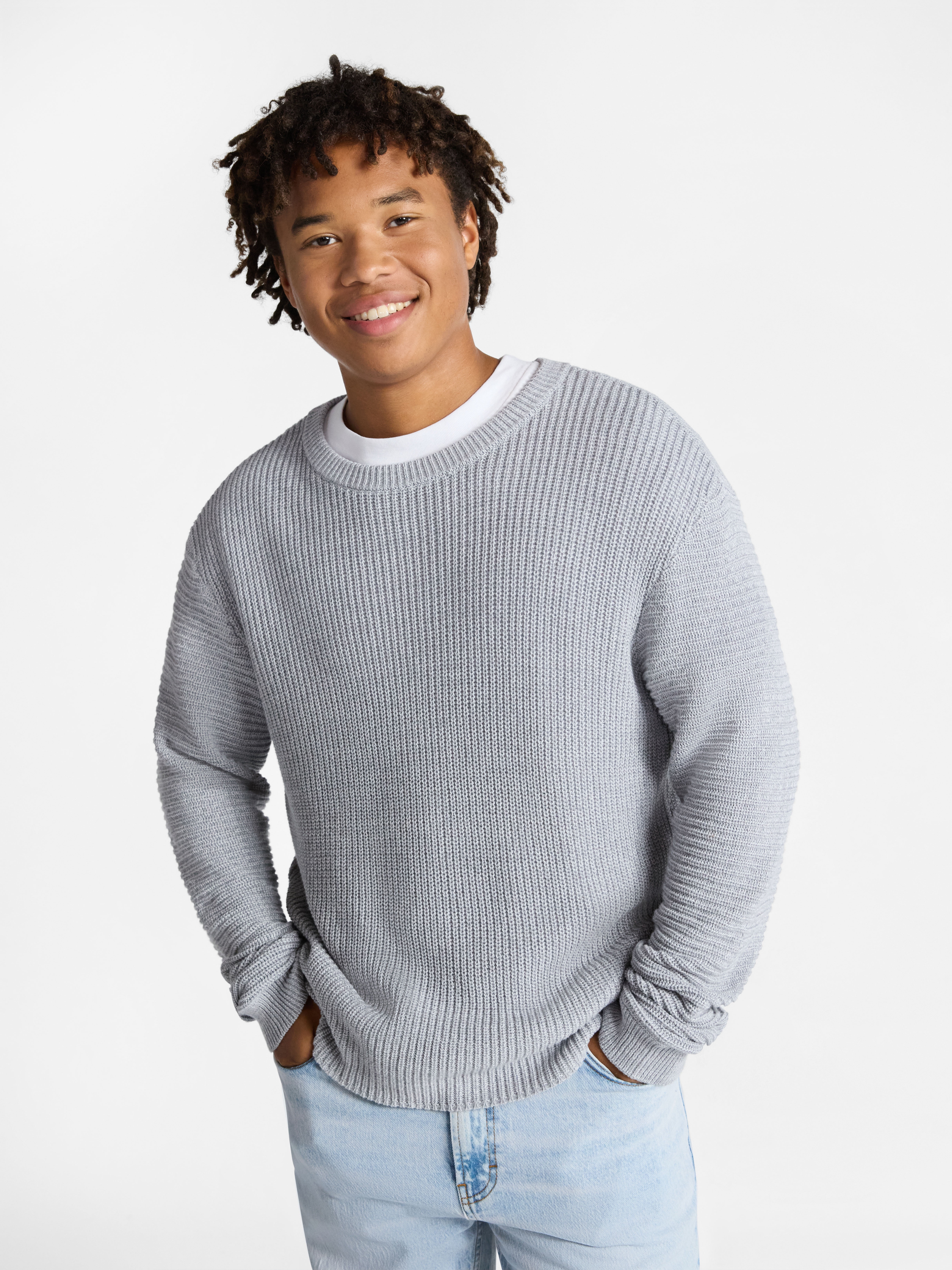No Boundaries Marled Cotton Crewneck Pullover Sweater, Midweight, Men's & Big Men's